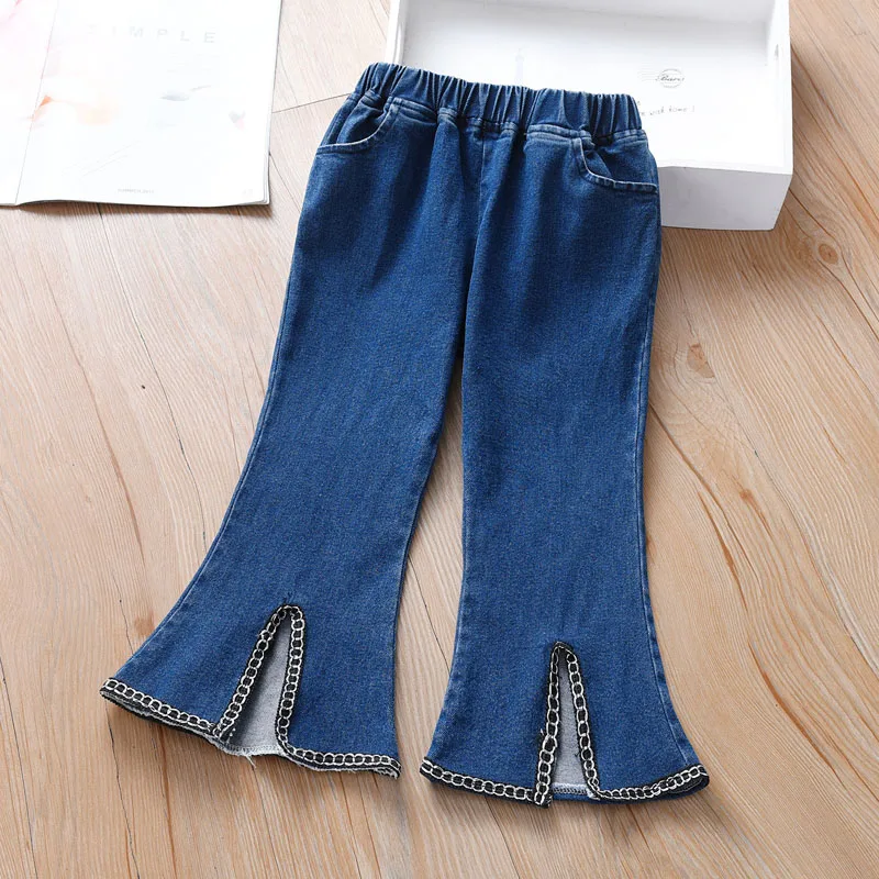 

Детские джинсы, новинка 2023, расклешенные брюки с разрезом, детская одежда, детские повседневные брюки для девочек