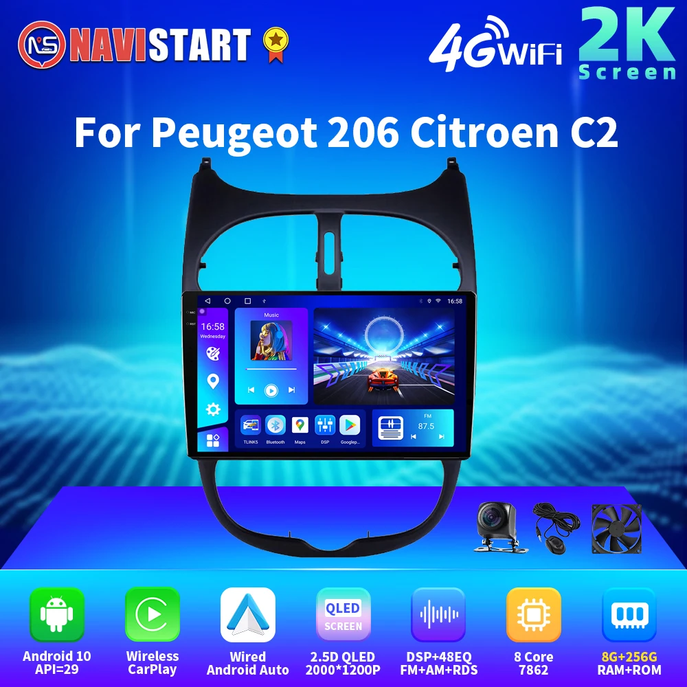 

NAVISTART 2K 2000*1200 Car Radio For Peugeot 206 206CC 206SW 1998-2016 Citroen C2 2004-2008 Player Android Auto GPS Navigation