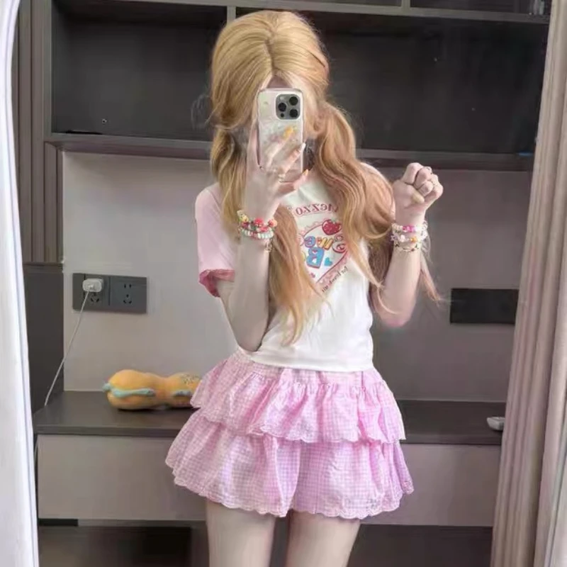 HOUZHOU White Kawaii Letter Graphic T-Shirts Women Y2k Cutecore Lace Short Sleeve Cropped Tees Japanese Style Sweet Slim Tops 4