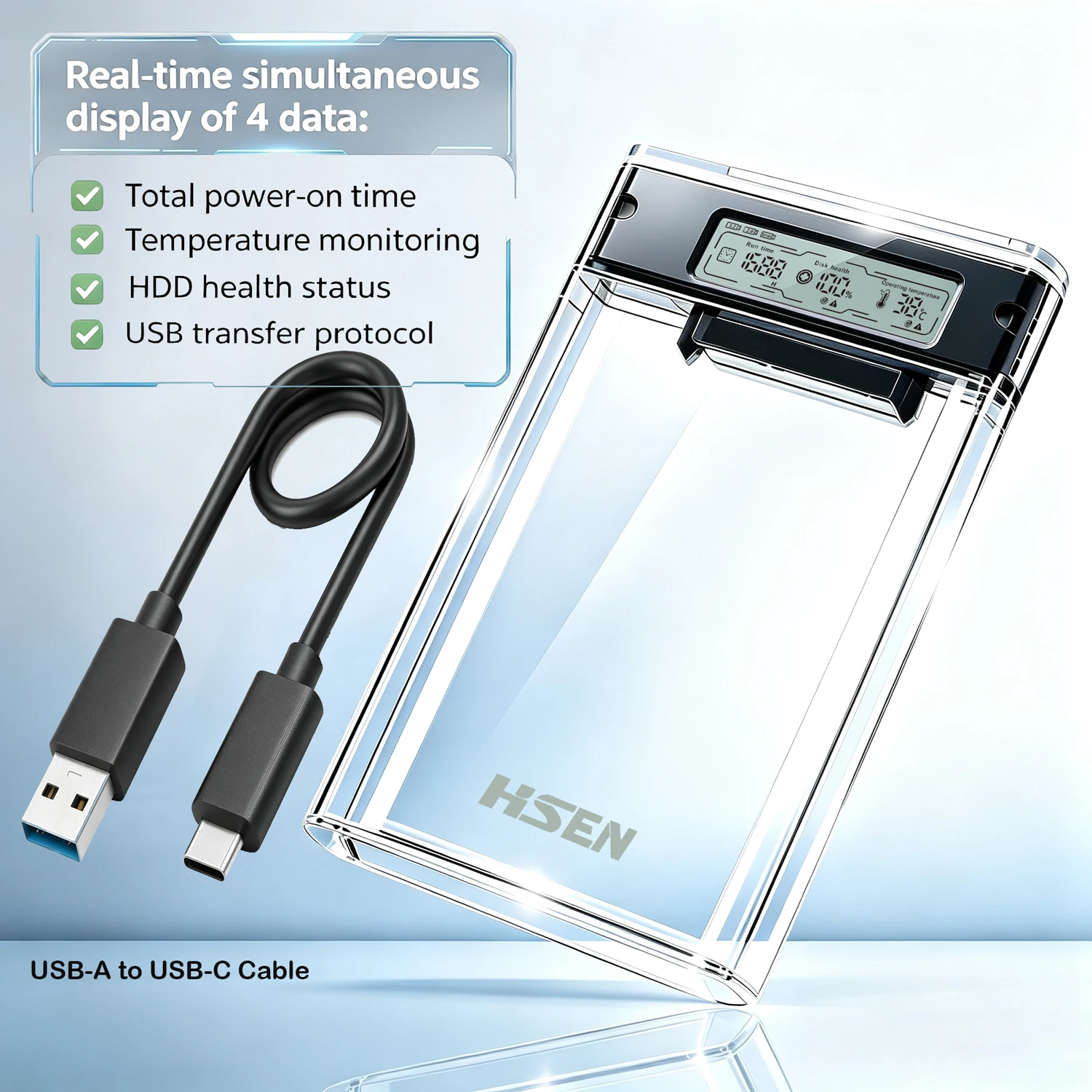 Transparent USB 3.0 HDD/SSD Enclosure with Smart Display and Health Monitoring