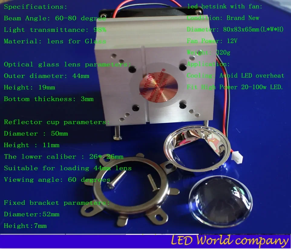 Aluminium Heat Sink Cooling Fan 20W 50W 100W High Power Led Light 90-120degree 44mm Lens +Reflector +Bracket