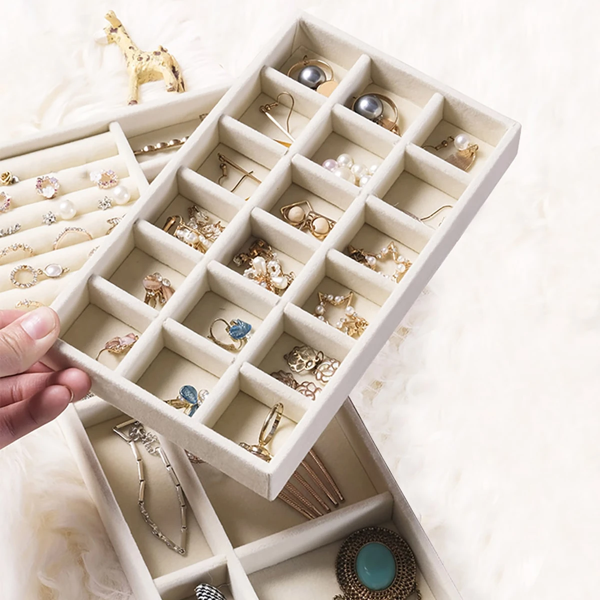 Set of four jewelry boxes storage trays for rings earrings necklaces bracelets