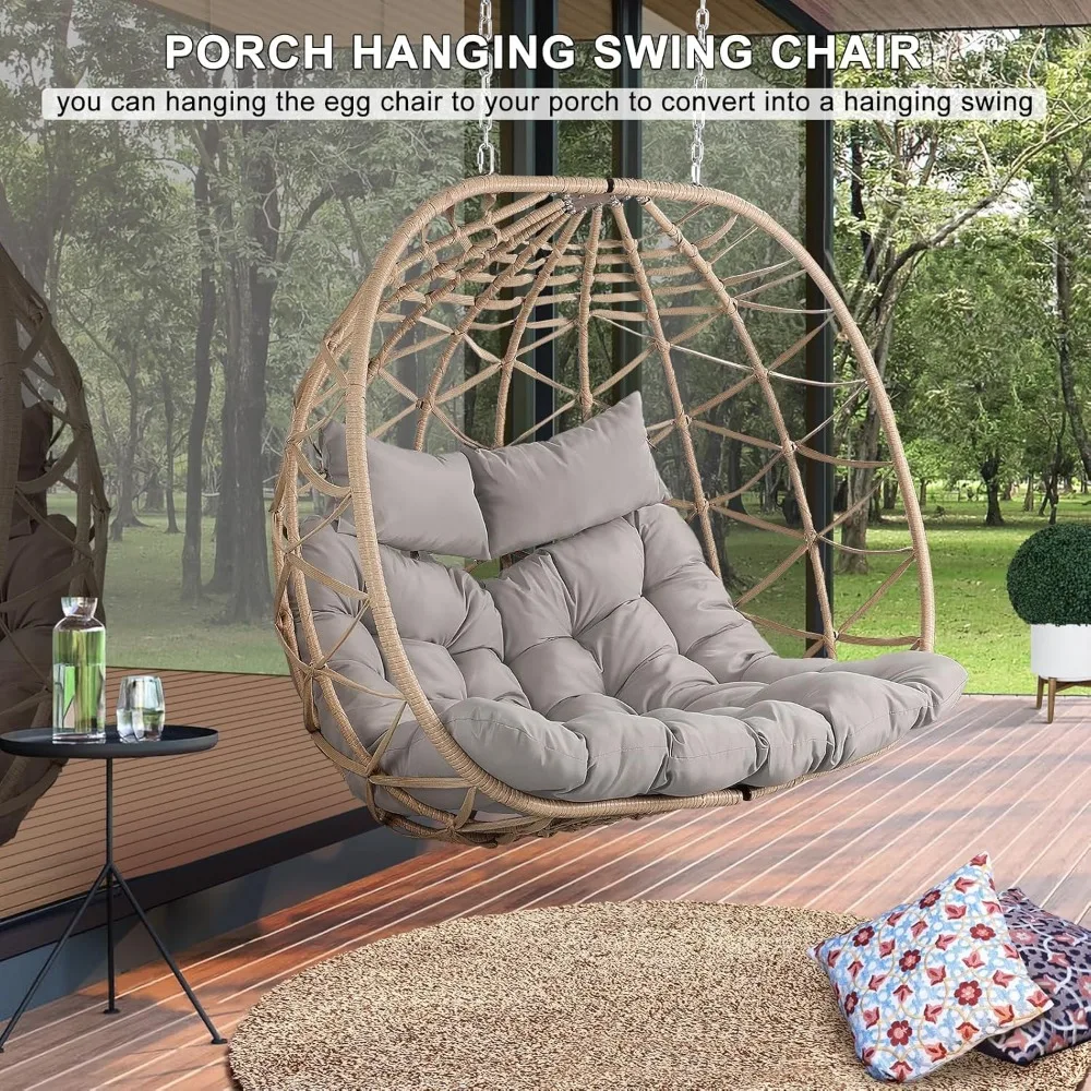 Outdoor Egg Swing Chair with Stand, 2 Person Patio Swing Chairs with Thick Cushions and Pillows,  for Indoor Bedroom 4
