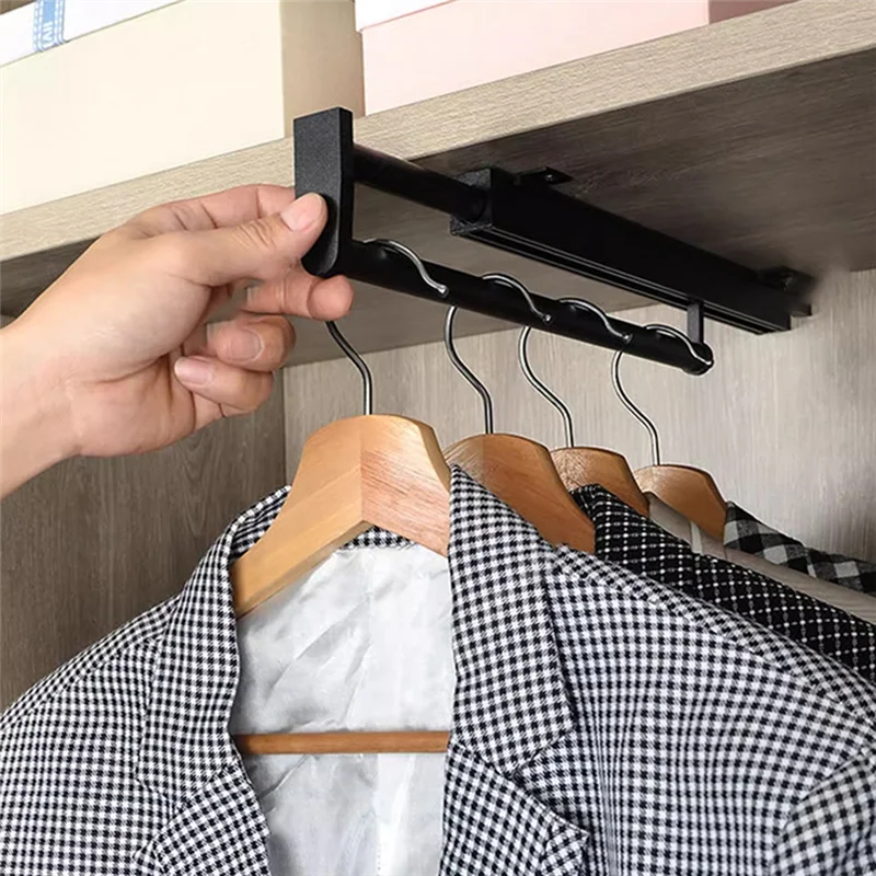 Telescopic Clothes Rod Closet Pants Rack Top Mounted Vertical Pull-Out Wardrobe Crossbar Hanger 5