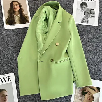 Chic Blazer Woman Autumn Spring Long Sleeve Double Breatsed Lapel Loose Coat Slim Casual Jackets Office Ladies Vintage Blazers 2