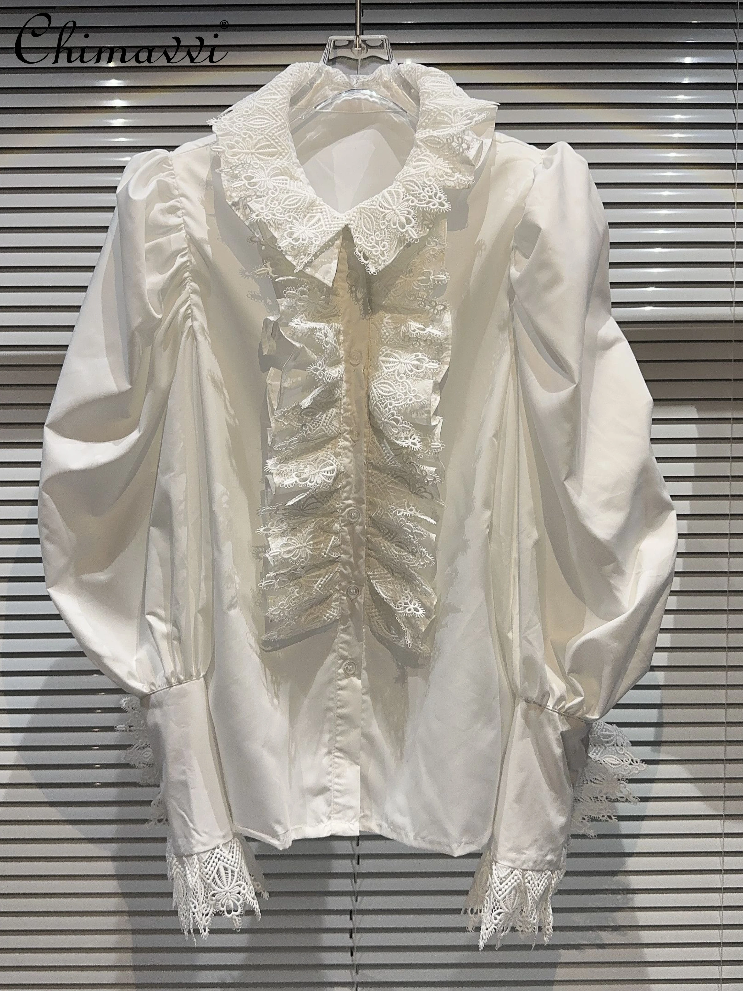 

2023 Autumn New French Fashion Lace Pleated Crocheted Collar Edge Elegant Shirt Loose Round Neck Long Sleeve Blouse Women's Top