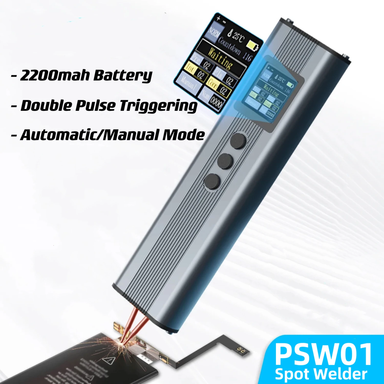 PSW01 Portable Digital Display Spot Welder 11 Gears Adjustable Dual Pulse for 18650 Battery Nickel Strip Welding