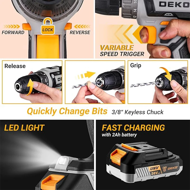 DEKO 20V cordless drill kit with battery, men's drill, manual repair, basic toolbox, suitable for household tools