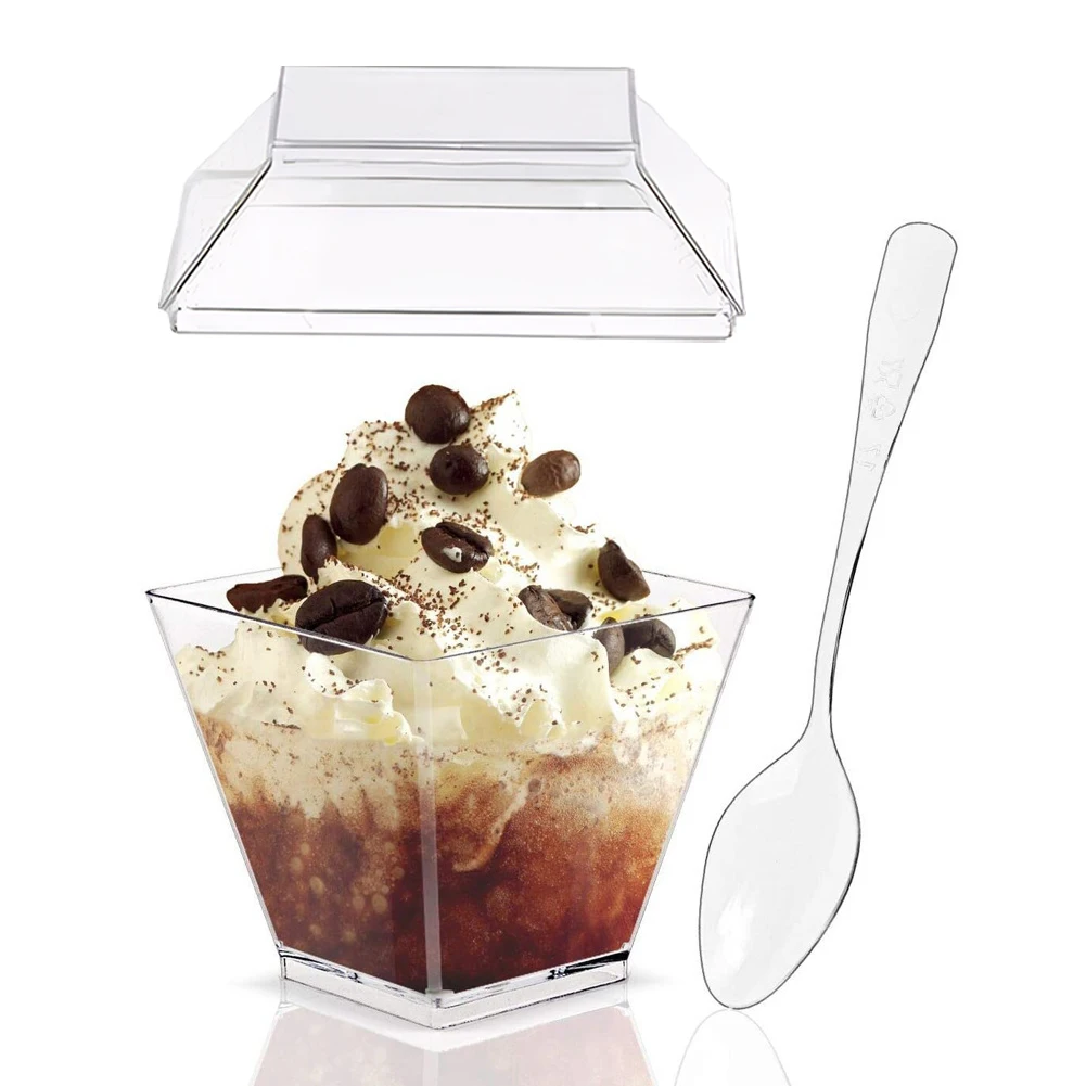 50/100 Pack Plastic Dessert Cups Square Clear Yogurt Parfait Cups Parfait Cups for Fruit Pudding Mousse Ice Cream Party Wedding
