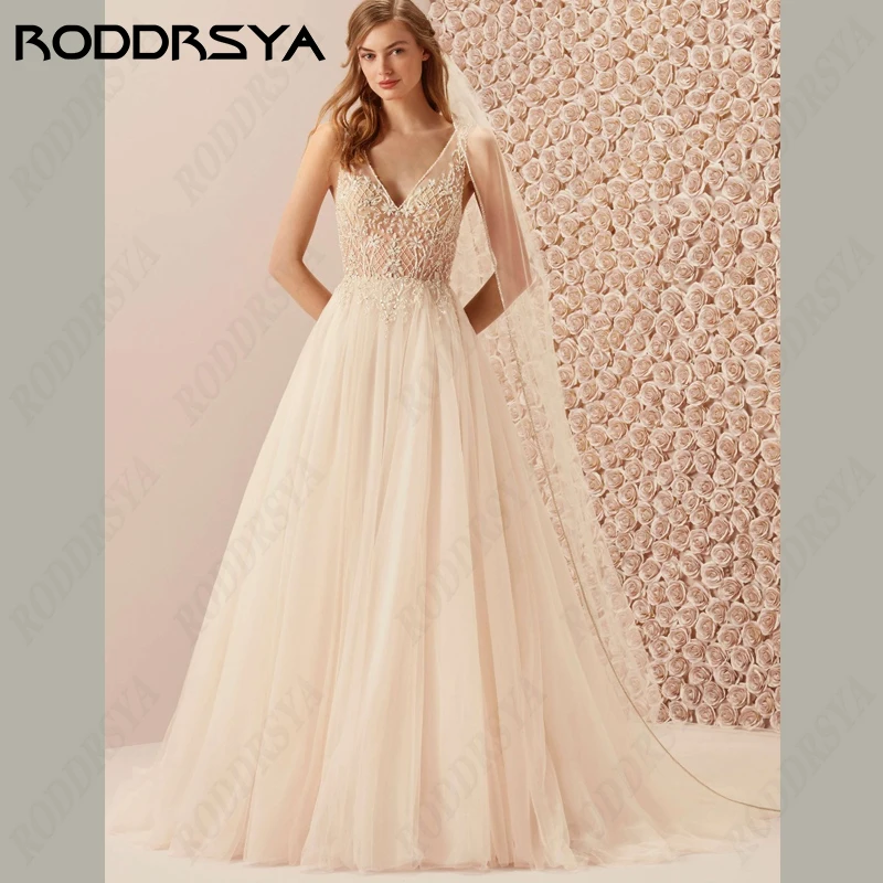 

RODDRSYA V-Neck Tulle Wedding Dresses Illusion Button Back Vestidos De Novia Appliques Lace A-Line Bridal Gowns Custom Made