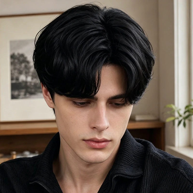 Synthetic material 8-inch black men's wig, natural layered short hair, creating a youthful everyday look. - 4