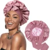 Women Double Layer Satin Sleep Cap with Ribbon Bow Wide Brim Bonnets Hair Care Scarf for Beauty Reversible Head Cover Night Hat 3