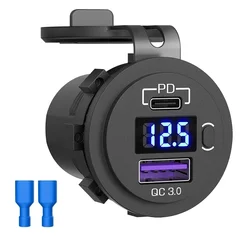 Dual Port USB C Car Charger with LED Voltmeter and On/Off Switch - High - Speed PD & QC Charging Adapter (Blue Screen)