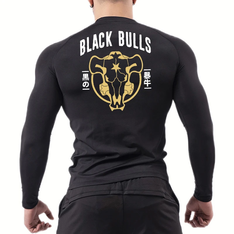 Black Bull Print Compression Shirts for Men Athletic Quick Dry Baselayers Undershirt Gym Workout Running Rash Guard Tshirt Tops