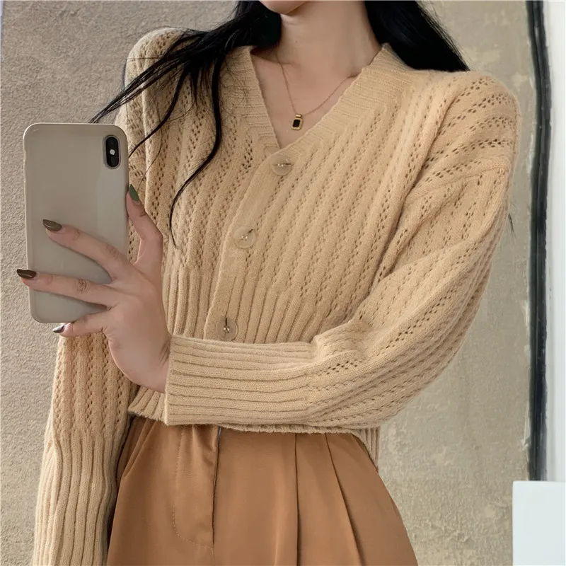 PLAMTEE Spring Sexy Hollow Out Cardigans Women Coats Knitwear Sweet 2022 V-Neck Casual High Waist OL Office Wear Slim Sweaters red sweater