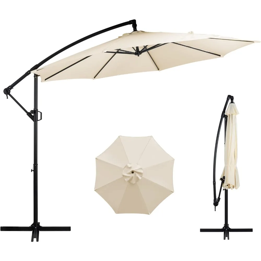 Patio Offset Umbrella Easy Tilt Adjustment Crank and Cross Base Outdoor Cantilever Hanging Umbrella 8 Ribs