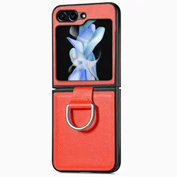 Lychee Pattern Leather Ring Phone Case in Pure Color for Samsung Z Flip 1 (Orange)