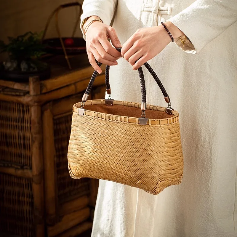 Handmade Bamboo Weaving Bag Chinese Vintage Zen Tea Dress Match Rattan Basket Tea Art Tools Storage Pouch Ladies Handbag Purse