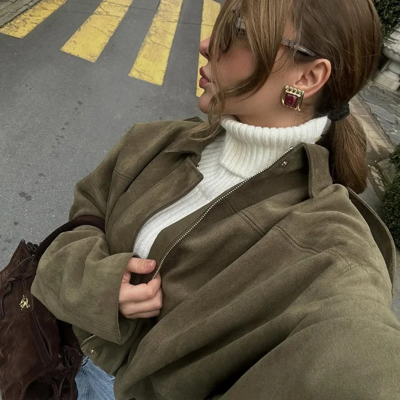 Women Green Suede Leather Jacket 2025 Fashion Oversized Full Sleeve Lapel Bomber Coat Female High Street Outerwears New Spring