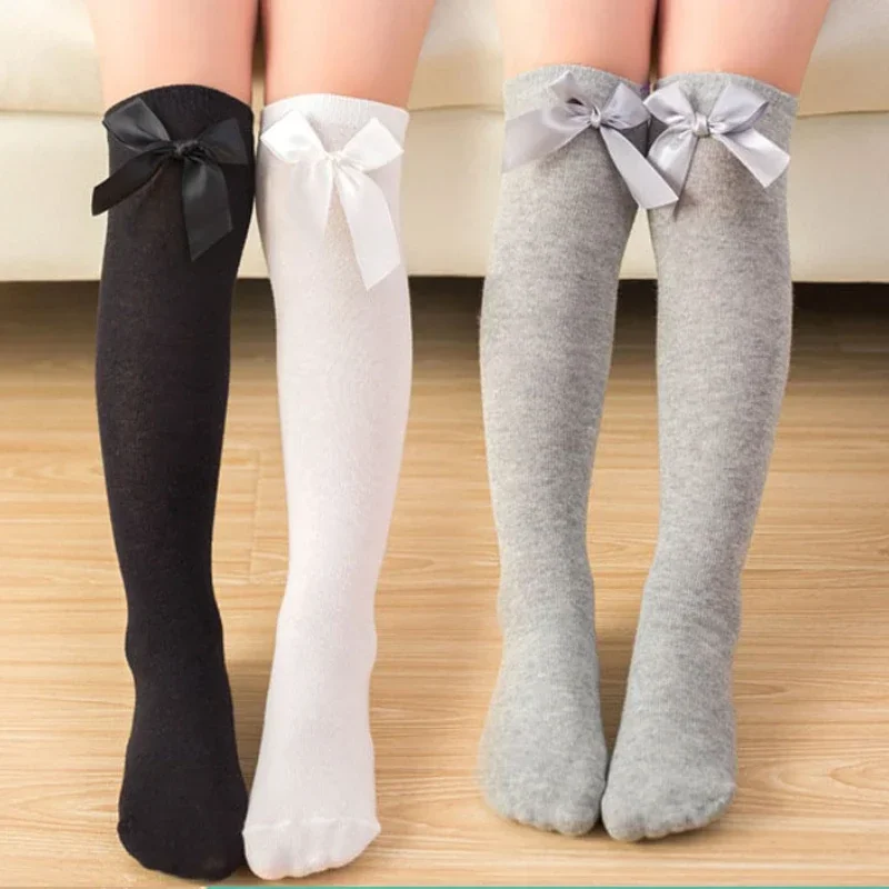 40 cm Kids Socks Big Bow Knee High Socks Soft Cotton Lace Bowknot Girls Long Tube 5-8 Years