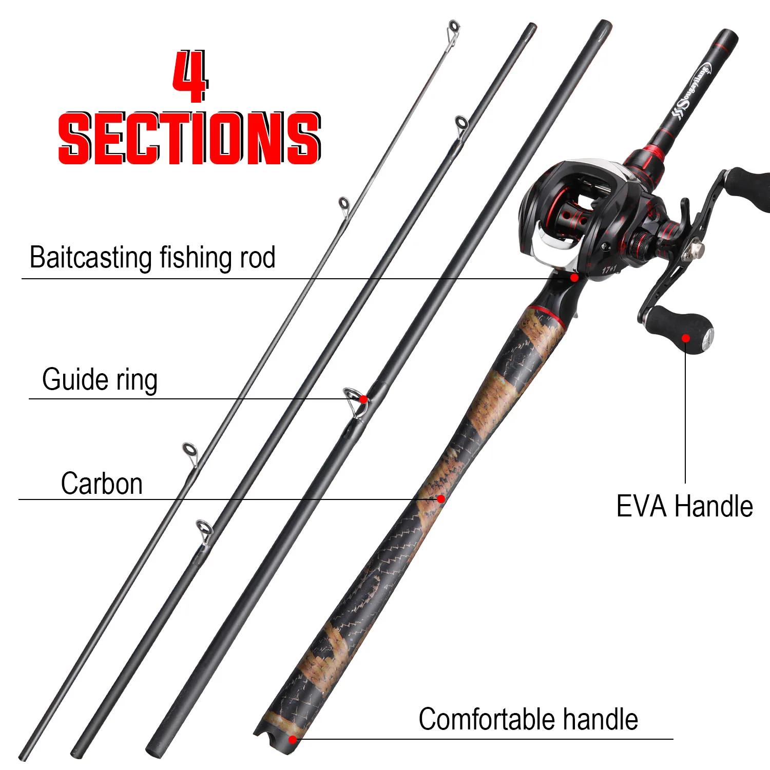 Sougayilang Fishing Rod Reel Combo 1.8-2.1m 4 Sections Baitcasting