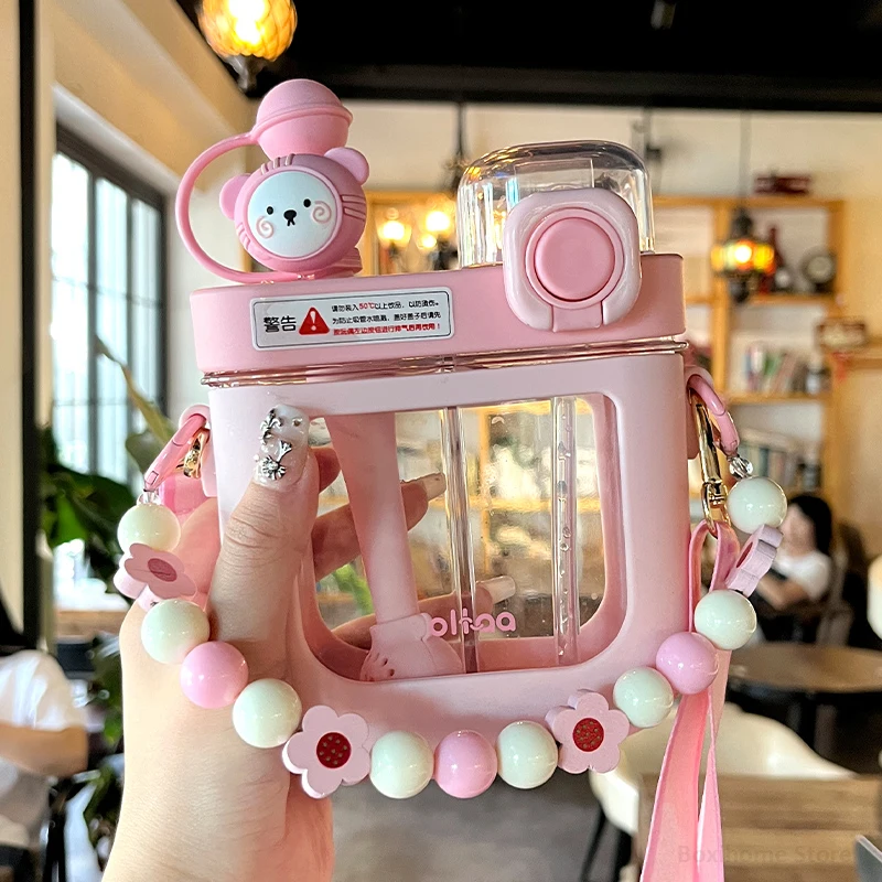 

580/800 ML Kawaii Flat Water Bottles For Girls Kids Cute Plastic Tritan Double Drink Bottle With Strap Straw Filter BPA Free