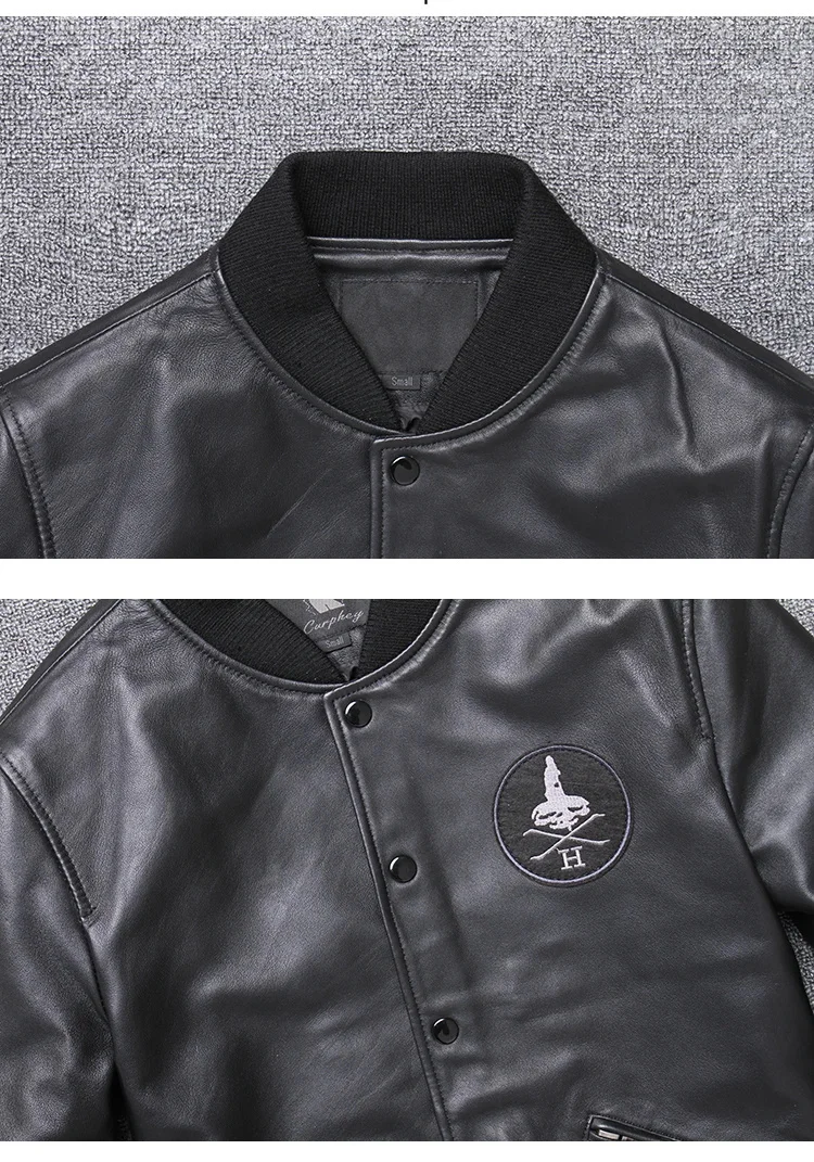 Description Picture 6 of itemFast Shipping Men's Genuine Leather Baseball Jacket Large Capacity Slim Fit Locomotive Black Soft Sheepskin Coat