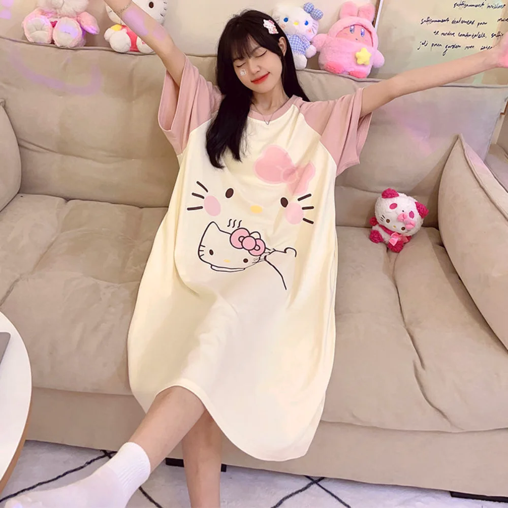 

Kawaii Sanrio Hello Kitty Nightgowns Cinnamoroll Pochacco Anime Summer Short-Sleeve Robe Girl Cute Homewear Nightdress Clothes