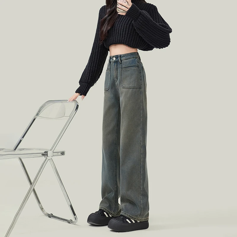 Cement grey retro high-waisted wide-leg jeans female autumn and winter new loose thin straight drag trousers tide black gray jeans women s 2021 new autumn and winter straight tube loose thin wide legs high waist drape sweeping pants tide