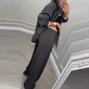 Autumn Winter Blazer Jacket Set Woman Elegant Single Button Lapel Cardigans & Wide Leg Trousers Suit Elegant Solid Office Outfit 1