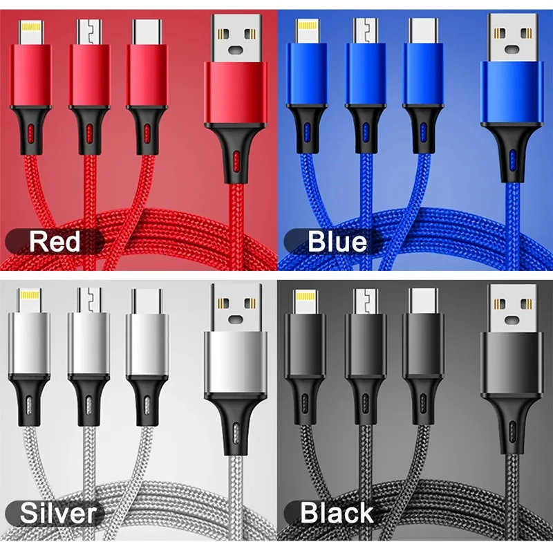 Lovebay 3 in 1 Fast Charging Cable USB to Micro Type C IOS Cable For iPhone Mobile Phone Multi Charger Cable Nylon Cord
