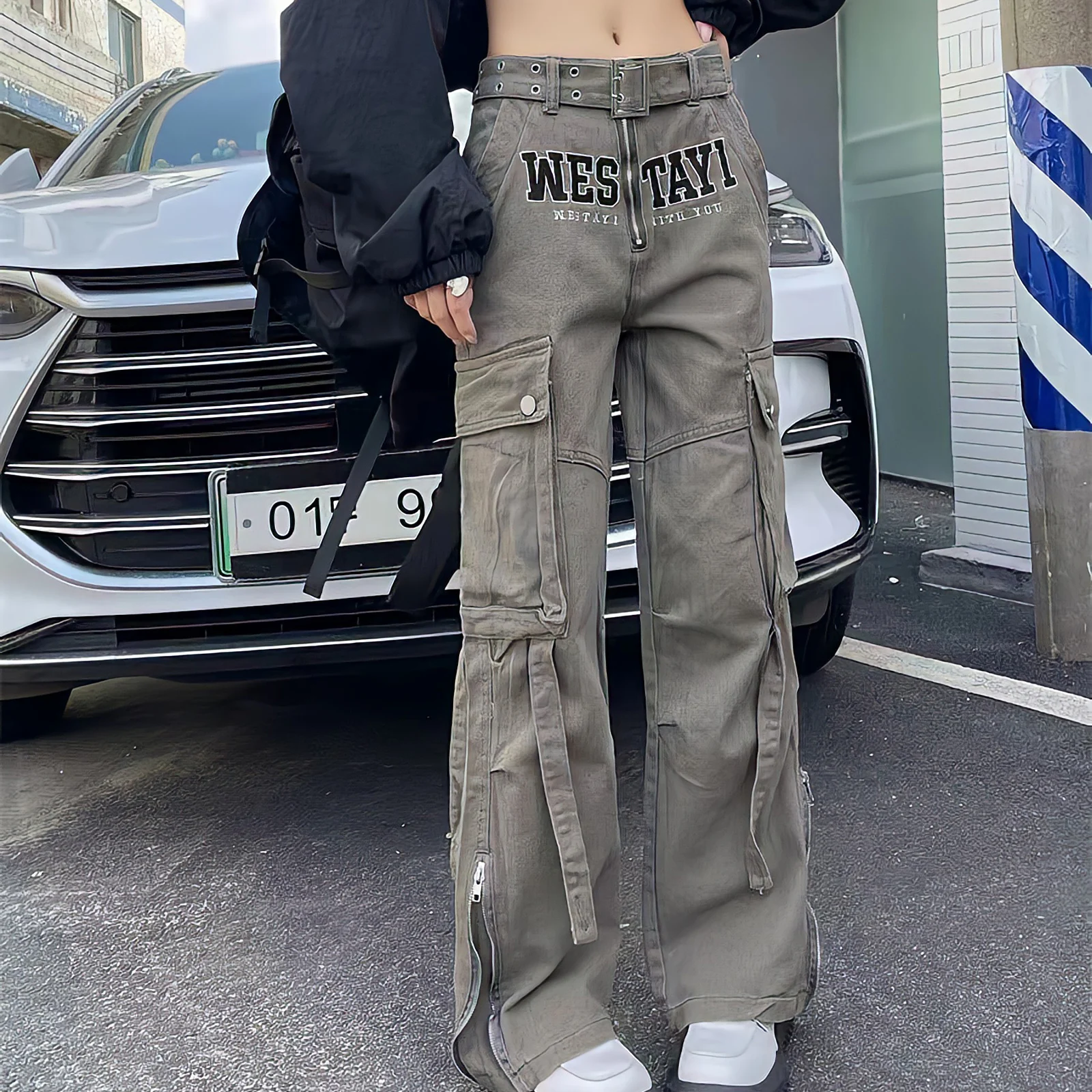 Korean Dongdaemun 2023 Y2k With Belt Vintage Gothic Cargo Pants Streetwear Letter Design Hip Hop Straight Wide Leg Women'S Pants