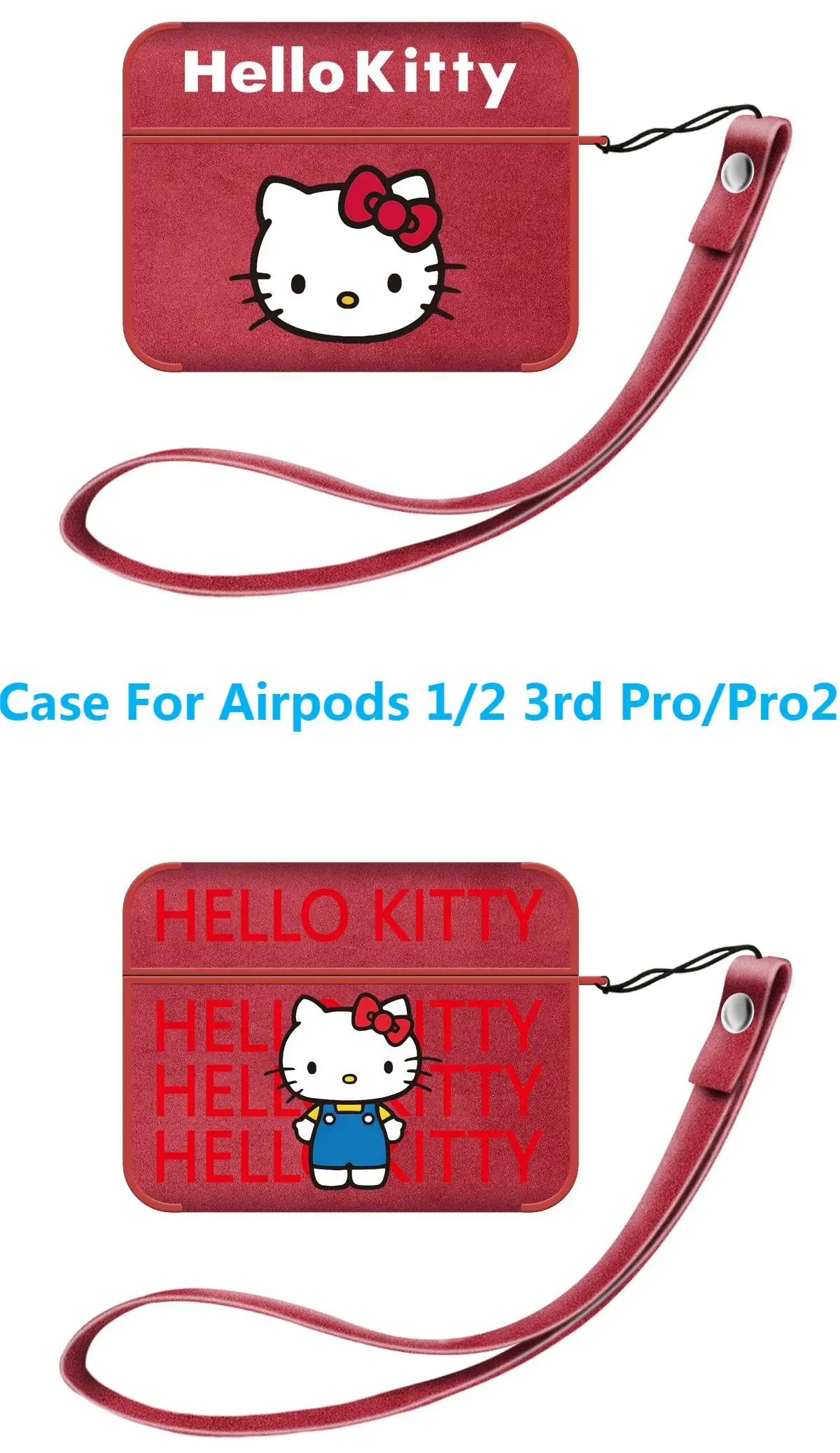 

Hot Cartoon Anime Kitty Red Case for AirPods 1 2 3rd Pro 2 Charge Box Soft Leather Bluetooth Earphone Protect Cover with Lanyard