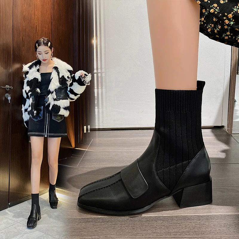 

2023 new Autumn winter women ankle boots plus size 22-26cm Microfiber +Elastic boot tube women modern Boot Buckle skinny boots