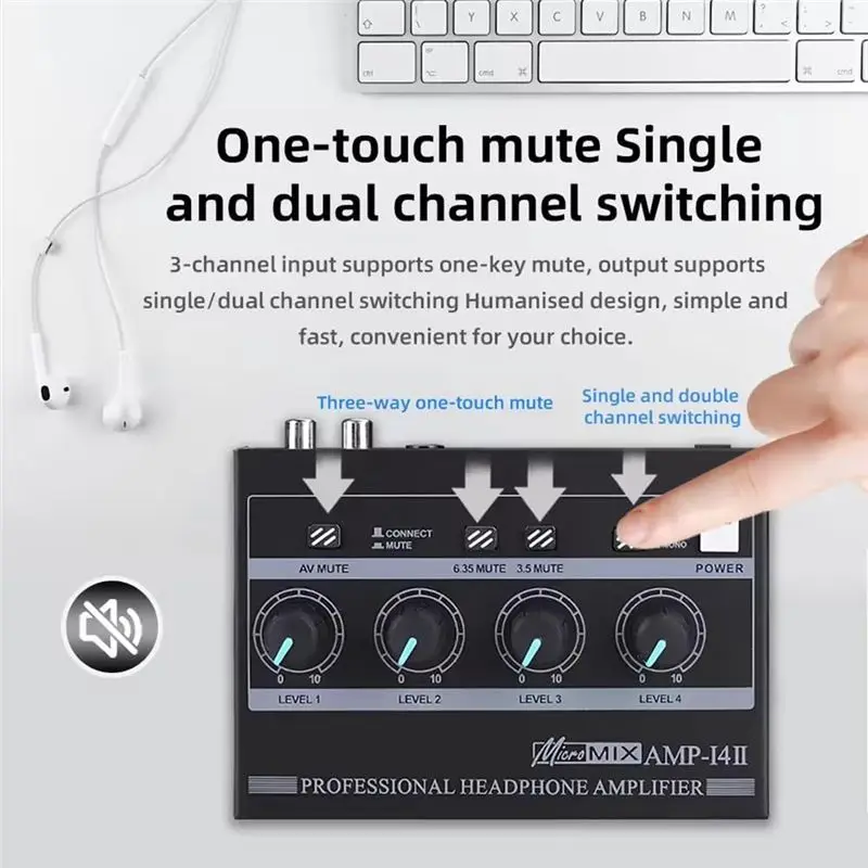 AMP?I4Ⅱ 프로페셔널 4채널 헤드폰 앰프 오디오 컴팩트 스테레오 앰프+6.35Mm 3.5Mm 입력 볼륨 조절