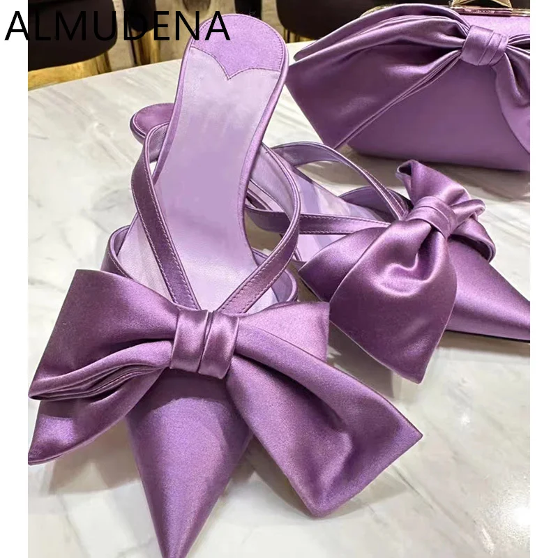 

Pointed Toe Kitten Heel Bow Knot Satin Women Slippers Med Thin Heel Mature Outside Modern Slippers Dress Show Adult Slipper Shoe