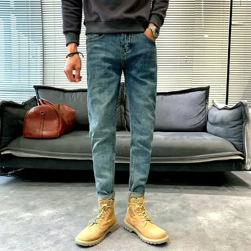 thumbnail image 1 of Pantalones vaqueros para hombre con bolsillos, pantalones elásticos para hombre, pantalones vaqueros retro ajustados y ajustados, ropa elástica de tubo Y2k 2000s 2024 Tendencia, 1 of 5