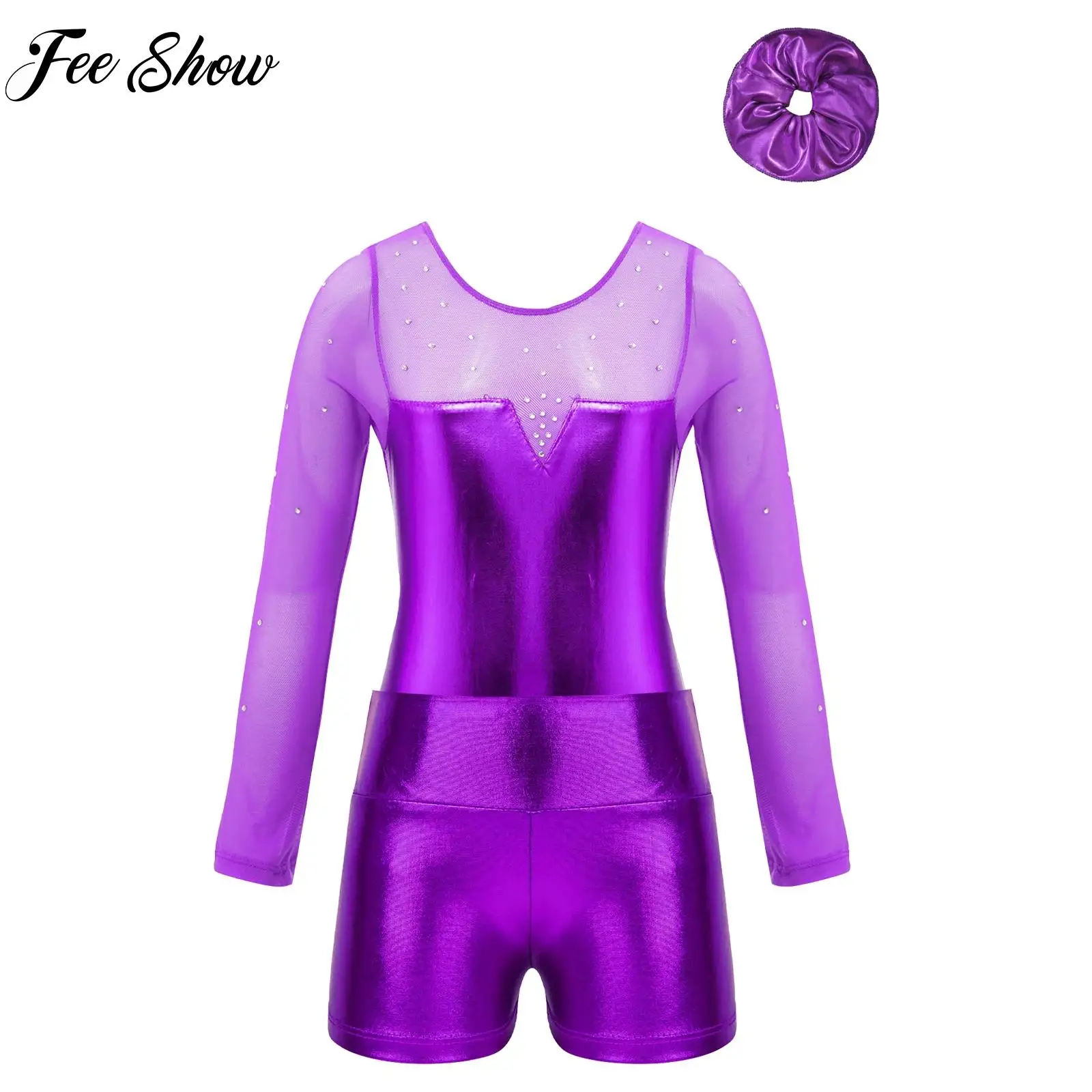 

Kids Girls Rhinestones Gymnastics Leotard with Shorts Metallic Long Sleeve Ballet Dance Outfits Teens Performance Dancewear Sets