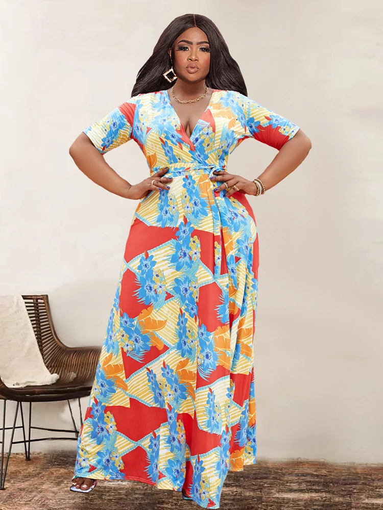 

ZJFZML ZZ Plus Size Dresses Women's Clothing Vintage Style Floral Print Deep V Neck Short Sleeve High Waist Floor Length Jurk