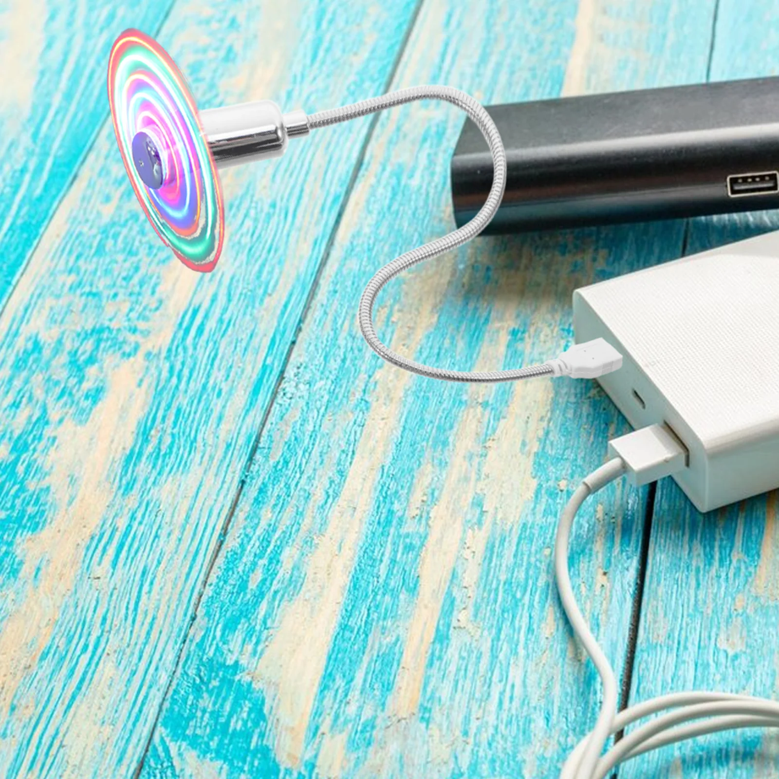 Mini USB Fan Silver 41cm LED Colorful Pattern Blades Desktop Laptop Portable USB Powered Cooling Fan Rechargeable