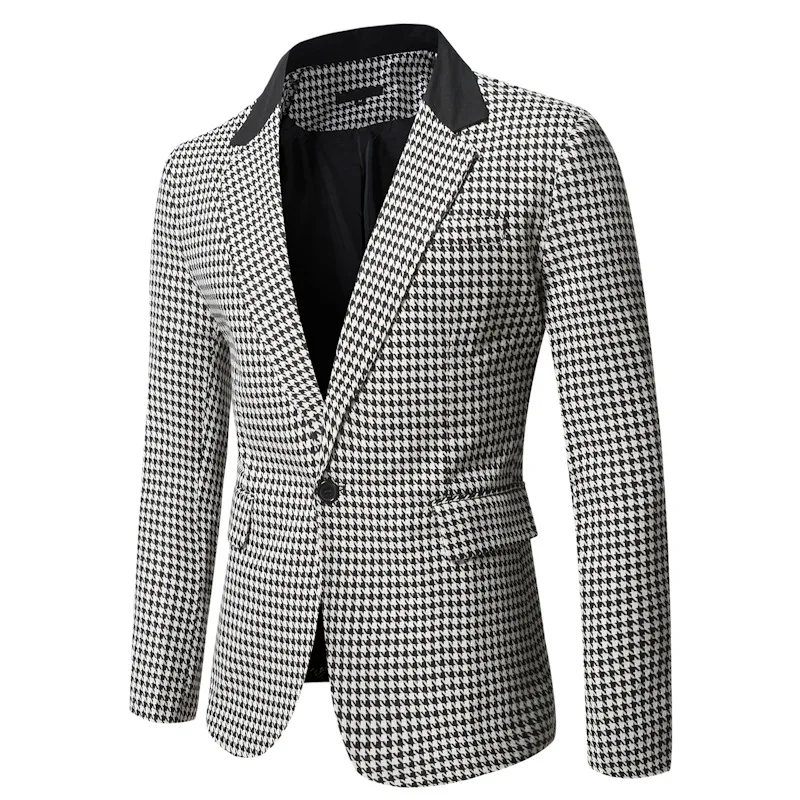 

Houndstooth Blazer for Men Slim Fit British Plaid Formal Suit Jacket Party Wedding Business Casual Blazers Male Fashion Costume