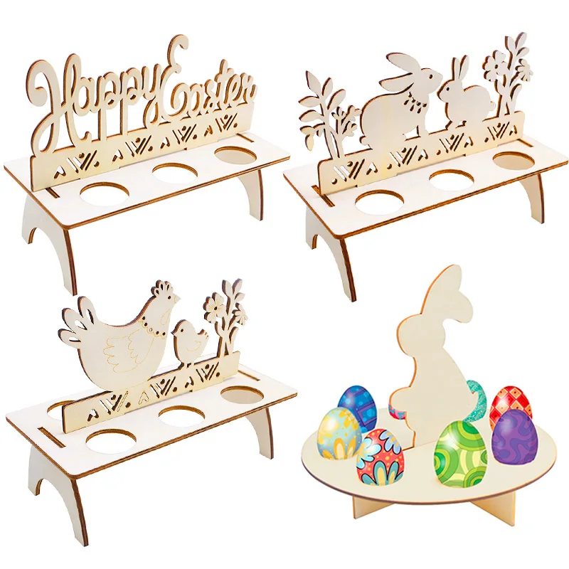Easter Decoration for Home Wooden Easter Egg Holder Shelves DIY Craft Handmade Ornaments Kids Gift Happy Easter Party Decor 2025