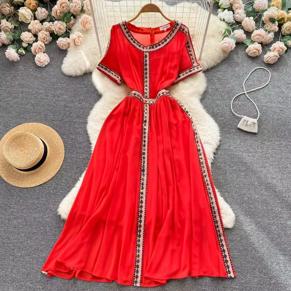 

2023 New Summer Seaside Vacation Beach Dress Travel Bohemian Long Dress High Style Round Neck Waist A Line Vestidos Women