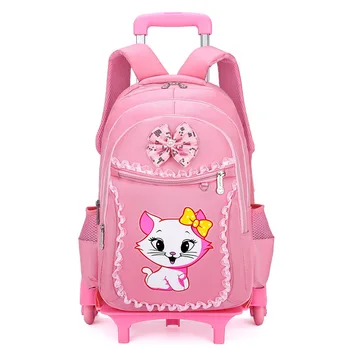 귀여운 고양이 어린이 학교 배낭 6 바퀴 롤링 학교 가방, 트롤리 가방, 등반 계단, 학생 배낭, 소녀용