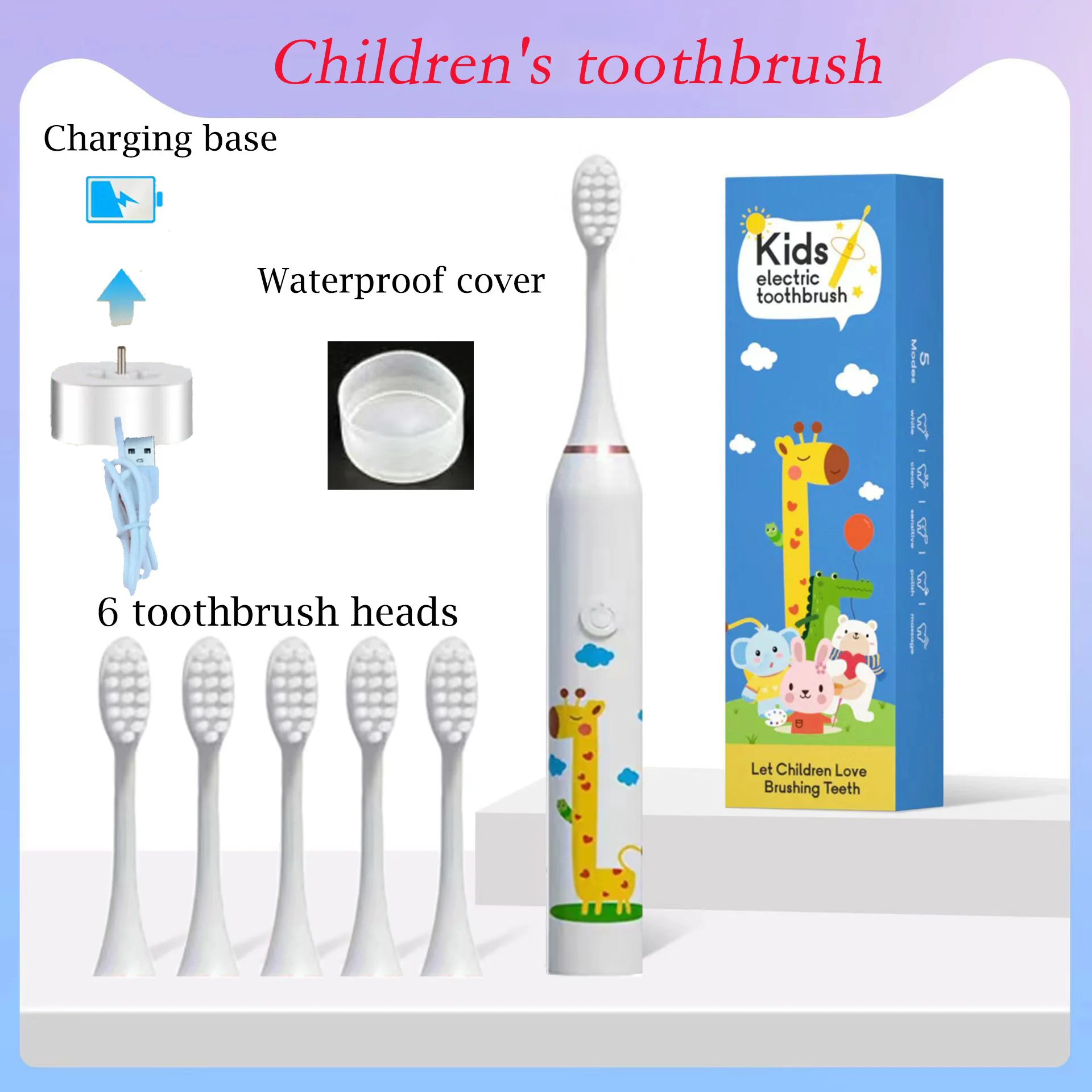 Cepillo de dientes eléctrico sónico para niños con dibujos animados y cabezal de repuesto para cepillo de dientes y boquillas suaves
