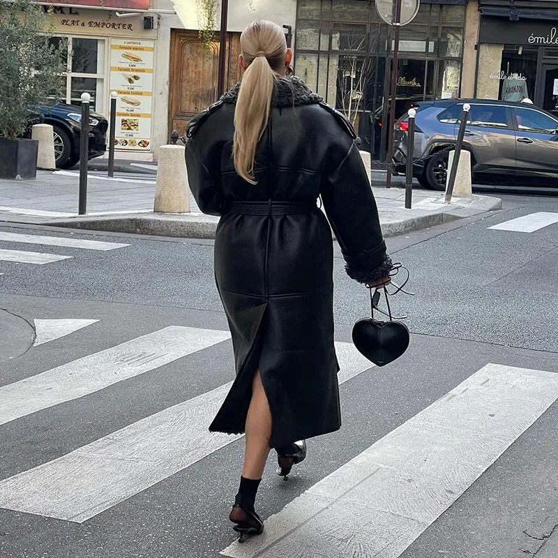 Fashion Lamb Wool PU Leather Long Jacket Women With Belt Patchwork Lapel Pocket Oversize Overcoat Winter Warm Thick Outwear