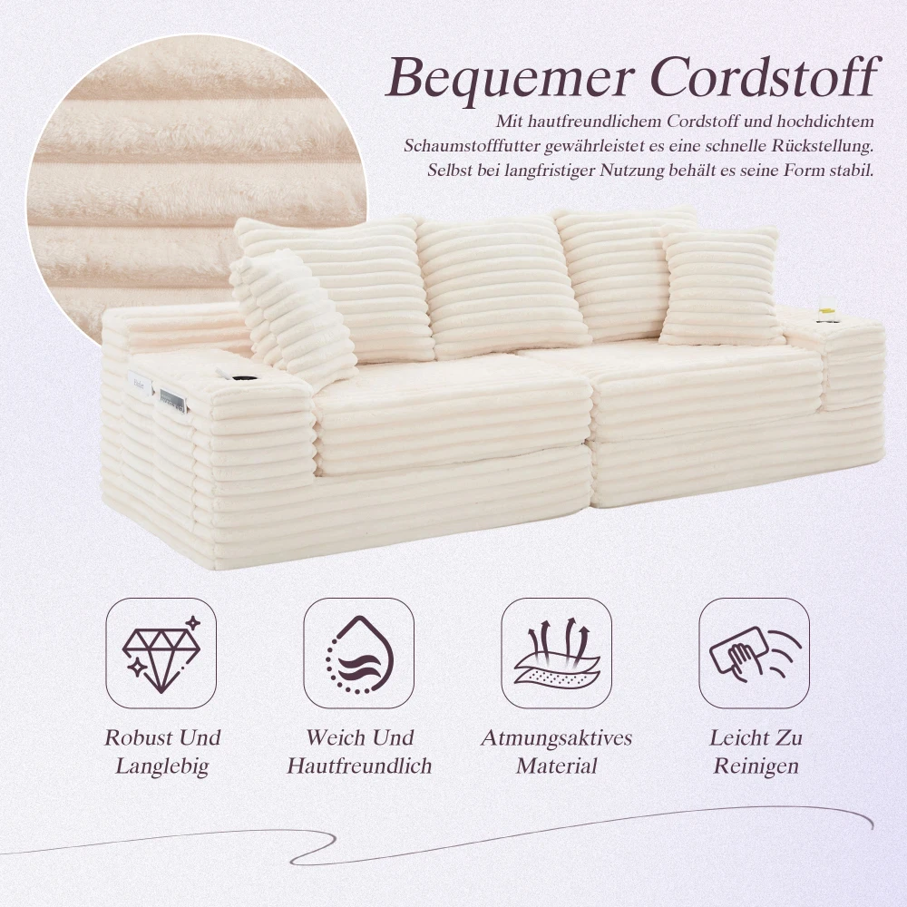 Cordstoff Kompressions-Sofa mit Hoher Rückenlehne und Zusätzlichen Kissen, Beidseitige Taschen, Frei Kombinierbar Als Schlafsofa – Detail 33