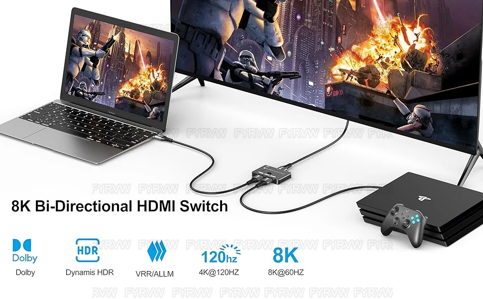 8K 4K HDMI-kompatibler Zwei-Wege-Splitter-Schalter 2 in 1 out Bidirektionaler HD-Umschalter 8K 4K@120Hz für TV-Box und Monitor – Detail 2