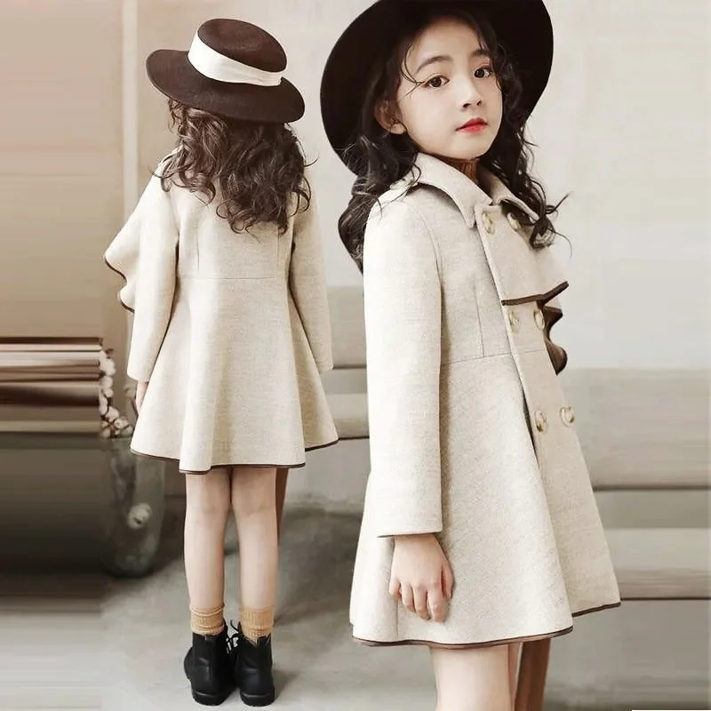 

Girls Warm Woolen Coat Winter Thicken Outerwear Jacket Kids Ruffle Sleeves Long Overcoat Autumn Fashion Jackets