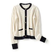

100% CASHMERE Cute Cardigan O-Neck Office Lady Single Breasted Spring/Autumn A-straight Sweater Women 2022